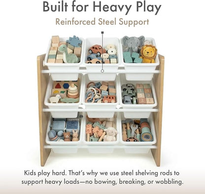 Humble Crew Toy Storage Organizer with 9 Removable Storage Bins for Kids Playroom, 3-Tier Toy Organization, Natural Wood/White