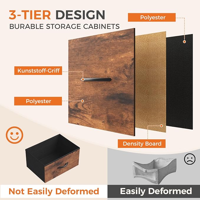 DUMOS Nightstand with 5 Drawers, Bedside Table with Removable Fabric Bins, Sturdy Steel Frame Wood Top Skinny Dresser for Bedroom Nursery Closet Living Room, Rustic Brown