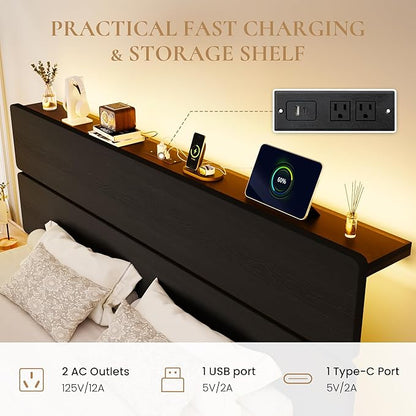 SHA CERLIN King Size Bed Frame with Led Light & Built-in Charging Station, Wooden Headboard with Storage Shelf, Metal Platform Bed, Under Bed Storage, No Box Spring Needed, Noise Free, Black