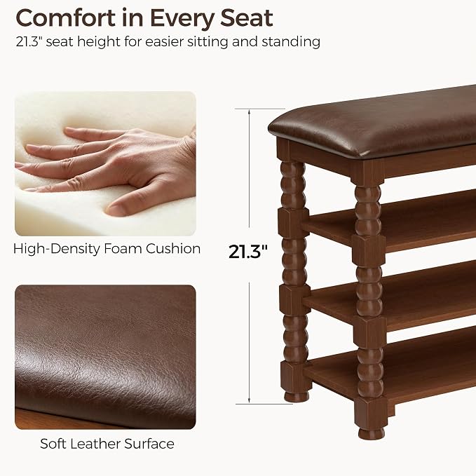 Homleke 3-Tier Solid Wood Shoe Rack Bench with Classic Turned Ball Legs | Tall Entryway Bench with Leather Seat, Holds Up to 12 Pairs, for Hallway, Bedroom and Closet, Walnut, 39.4 Inch
