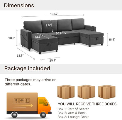 KISLOT 110 Inch Sectional Sleeper Sofa with Pull Out Bed Convertible Plush 2 in 1 Couch with Storage Chaise & USB Charging Comfy L Shaped Modular Couches for Living Room Apartment(3 Box)