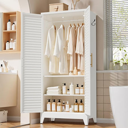 Metal Armoire Wardrobe Closet with 2 Doors, 71" Tall Clothes Cabinet with Adjustable Hanging Rod and 2 Shelves,White Steel Storage Locker Cabinets for Bedroom,Bathroom Employees,Gym,Garage