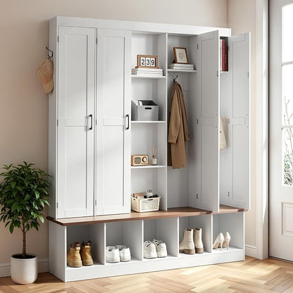 VEVOR Hall Tree with Bench and Shoe Storage, 63" Wide, 4-in-1 Entryway Hall Tree with Bench, Hanging Hooks, Storage Cabinet, and Shoe Cabinet, Wooden Furniture for Mudroom, Entryway, Hallway, White