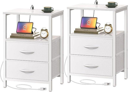 Huuger Nightstands Set of 2, End Tables with Charging Station, Side Tables with Fabric Drawers, Bedside Tables with USB Ports and Outlets, Night Stands, PU Leather, White