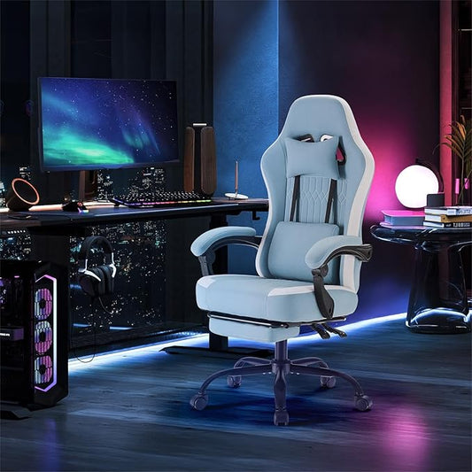 DUMOS Gaming Chair with Linkage Armrests, Video Game with Pocket Spring Cushion, Ergonomic Computer Silla Gamer Office Desk Chair with Footrest for Adults & Students, Blue