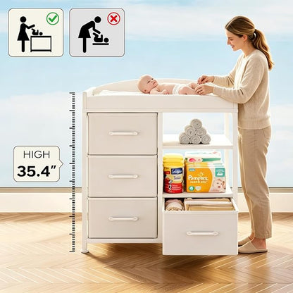 Homeiju Baby Changing Table with 4 Drawers and 2 Shelves - Baby Dresser with Changing Table Top Diaper Changing Station with Storage for Nursery Modern, White