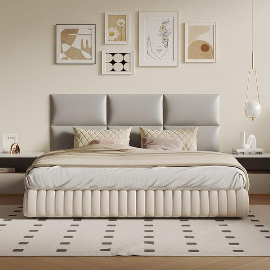 Wall-Mounted Upholstered Headboard Panels, Light Gray, 24x12 Inches, Pack of 12 – DIY Faux Leather Soundproof Padding for King, Queen, or Full Beds, Modern Accent Wall Panels