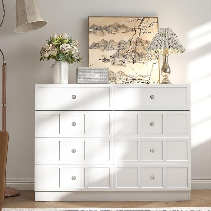 8 Drawer Dresser for Bedroom: 47" White Chest of Drawers with Deep Drawers, Tall Fluted Dresser with Storage, Modern Wood Dressers for Bedroom, Living Room