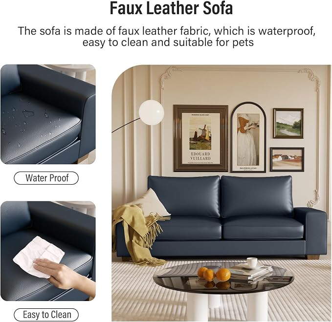 Valthie Faux Leather Couch, Mid Century Modern Comfy Loveseat Sofa with Wide Arm, Side Pockets, Solid Wooden Frame for Office, Living Room and Bedroom, 3 Seater (Blue, 88.58 inches)