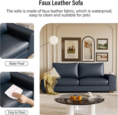 Valthie Faux Leather Couch, Mid Century Modern Comfy Loveseat Sofa with Wide Arm, Side Pockets, Solid Wooden Frame for Office, Living Room and Bedroom, 3 Seater (Blue, 88.58 inches)
