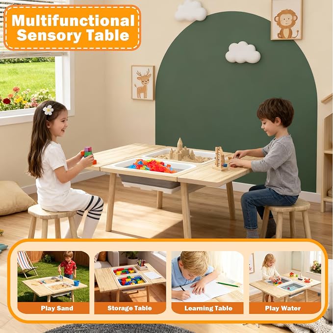 Large Solid Pine Wood Table with Flip Top, Activity Table with 2 Storage Bins & Double-Sided Board, Indoor/Outdoor Play Sand and Water, Multi-Functional Desk for Drawing Studying Dining