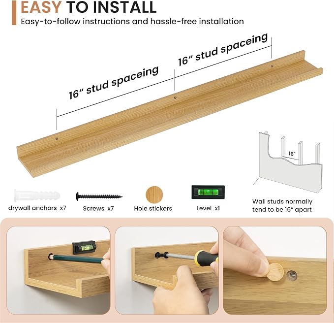 Dreamland Picture Ledge Shelf for Wall, Floating Shelves Set of 2, 48 Inch Long Floating Shelves with Lip for Living Room, Bedroom, Bathroom, Kitchen, Oak