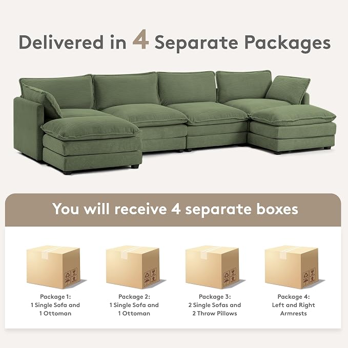 ROWHY 148'' Sectional Cloud Couch with 2 Ottomans, Oversized 4 Seat Sleeper Sofa with 2 Throw Pillows, Convertible Upholstered U Shaped Cozy Sofa Furniture Set for Living Room and Office, Green