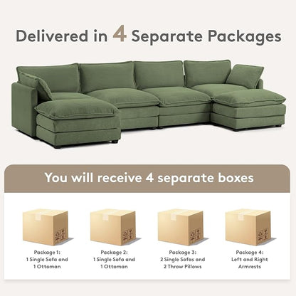 ROWHY 148'' Sectional Cloud Couch with 2 Ottomans, Oversized 4 Seat Sleeper Sofa with 2 Throw Pillows, Convertible Upholstered U Shaped Cozy Sofa Furniture Set for Living Room and Office, Green