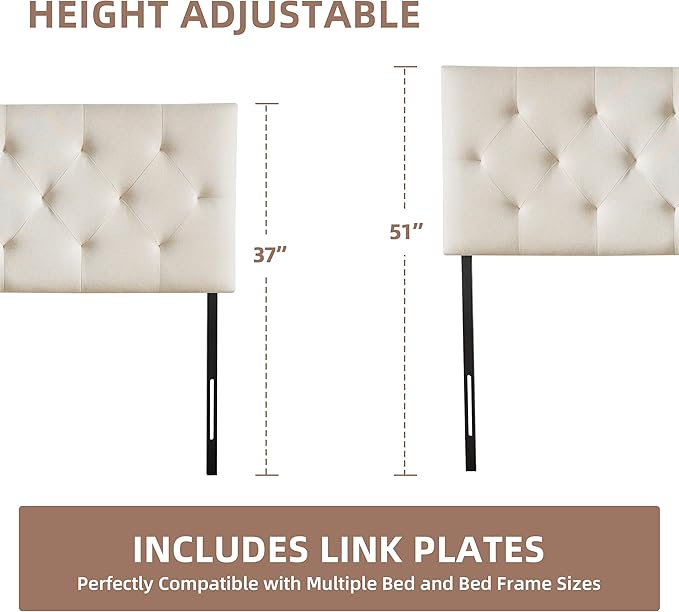 Linen Headboard King Size, Adjustable Height Headboard 37-51 in, Beige | Diamond Tufting Solid Wood King Headboards, Durable Metal Legs, Upholstered King Head Board for Bed Frame, Modern Fabric