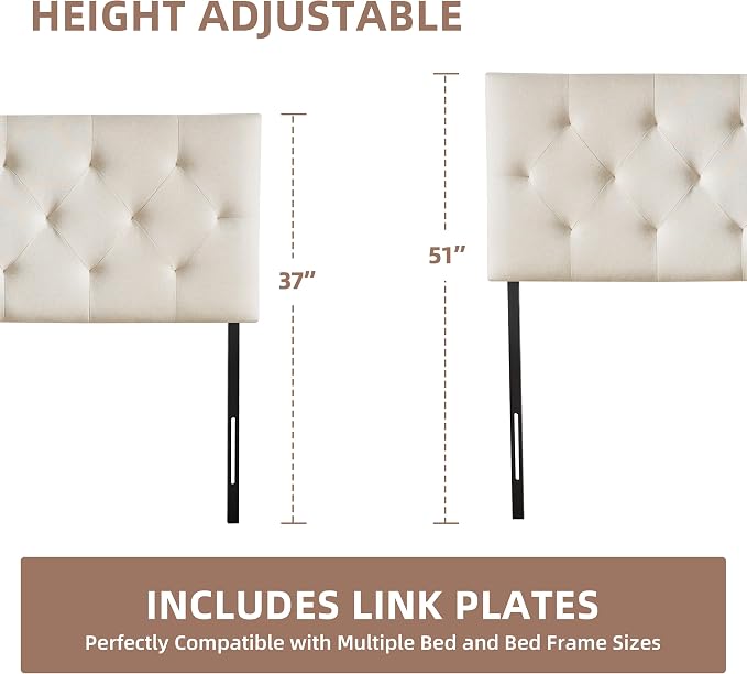 Linen Fabric Upholstered Headboard Queen Size, Modern Diamond Tufting Solid Wood Queen Headboard Only, Adjustable Height from 37” to 51” Head Board, Bed Frame or Wall Mount Headboards, Beige