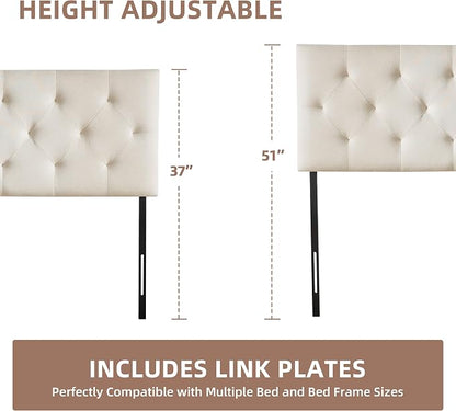Linen Fabric Upholstered Headboard Queen Size, Modern Diamond Tufting Solid Wood Queen Headboard Only, Adjustable Height from 37” to 51” Head Board, Bed Frame or Wall Mount Headboards, Beige