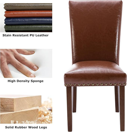 COLAMY Upholstered Parsons Dining Chairs Set of 6, PU Leather Dining Room Kitchen Side Chair with Nailhead Trim and Wood Legs - Light Brown