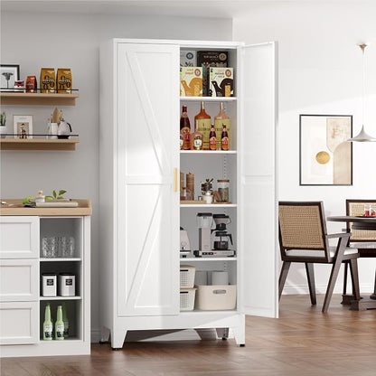 Kitchen Pantry Cabinet,71" H x 31.5" W,Metal Farmhouse Storage Cabinet with Adjustable Shelves and Barn Doors,5-Tier Storage Cabinet for Kitchen Dining Room Garage,White 1 Pack