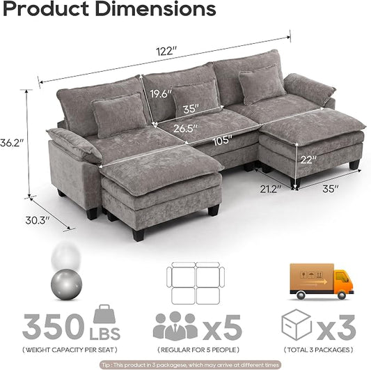 URRED Oversized Modular Sectional Sofa, 122" U Shaped Modern Comfy Cloud Couch with Movable Ottoman & Pillows, Deep Seat Couches for Living Room, Bedroom or Apartment (Chenille Gray, 122" U Shaped)