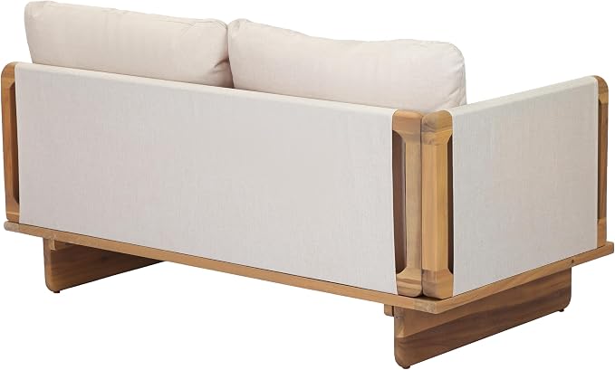 Merax Acacia Wood Outdoor Patio 105 Inch Loveseat Sofa with Cushions, Large 4-Seater Sofa Daybed for Backyard, Lawn, Deck, Balcony, Water Repellent Fabric, 400 lbs Capacity, Light Teak +Beige