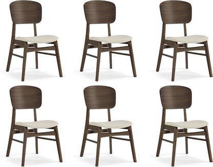 KISLOT Wooden Dining Chairs Set of 6, Upholstered Modern Dining Room Chairs, Mid Century Oak Kitchen Chairs with Ergonomic Wood Backrest for Farmhouse, Restaurant, Café (Cream Fabric & Walnut Color)