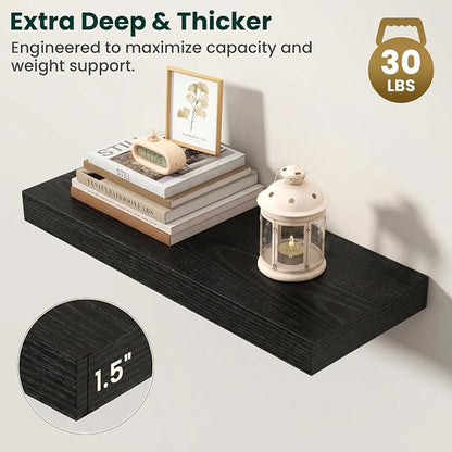 Floating Shelves for Wall, 24 Inch x 8 Inch Deep Wall Mounted Wood Shelf with Invisible Brackets for Storage & Display, Living Room Bedroom Kitchen, Black, Set of 2