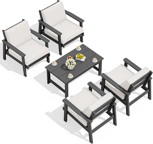 SERWALL Outdoor Patio Furniture Set, 5 Piece HDPE Patio Conversation Sets, All-Weather Wood-Like Outdoor Couch Loveseat and Coffee Table with Thick Cushions for Porch Balcony Garden Backyard