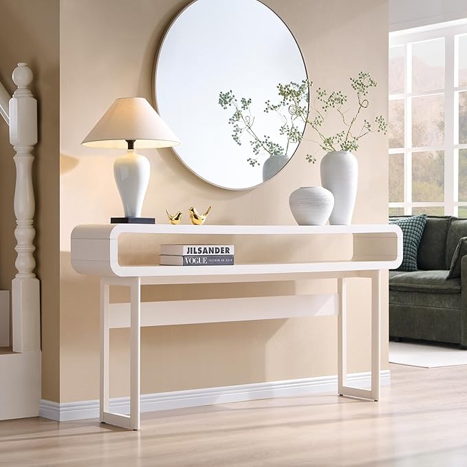 IFGET 63-Inch Long Console Table, 31.5" Tall Modern Entryway Table with Open Storage Shelf, Curved Profile Design, Narrow Wood Sofa Table Behind Couch Table for Living Room, Hallway, Foyer, White
