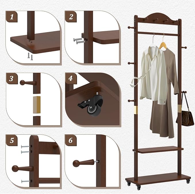 Solid Wood Clothing Rack with Wheels 2 Shelves Storage & 9 Hooks Heavy Duty Coat Rack Freestanding Clothes Rack Coat Tree Stand Hat Hanger Rack for Living Room Corner,835 Walnut
