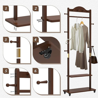Solid Wood Clothing Rack with Wheels 2 Shelves Storage & 9 Hooks Heavy Duty Coat Rack Freestanding Clothes Rack Coat Tree Stand Hat Hanger Rack for Living Room Corner,835 Walnut