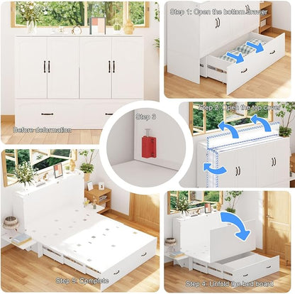 Full Murphy Bed with Drawer, Folded Cabinet Bed with Wheels & Black Metal Handles, Modern Murphy Bed Cabinet for Bedroom Guest Room White 75.6”L x 55.9”W x 41.3”H