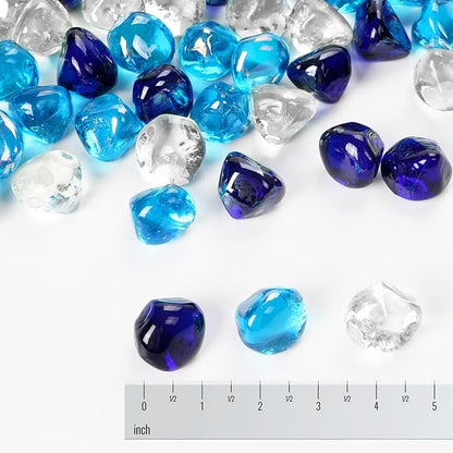Blended Fire Glass Diamonds for Propane Fire Pit, Fireplace, and Outdoor Decoration,1 Inch Fire Pit Glass Rocks 20-Pound (Crystal Clear+Cobalt Blue+Caribbean Blue)