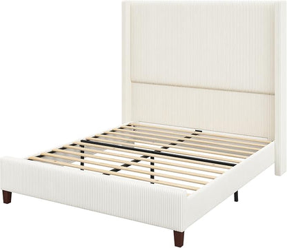 AMERLIFE Queen Size 62" Corduroy Upholstered Bed Frame, Luxurious Platform Bed with Extra Tall Wingback Headboard and Vertical Stripe, No Box Spring Needed/Solid Wood Slats & Legs/Cream