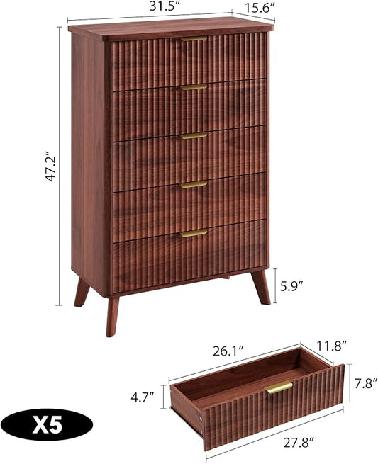 GarveeHome Fluted Dresser for Bedroom with 5 Deep Drawers, 47.2 in Tall Chest of Drawers, Curved Profile Design, Modern Wooden Dresser, for Living Room, Kids Room, Hallway, Walnut