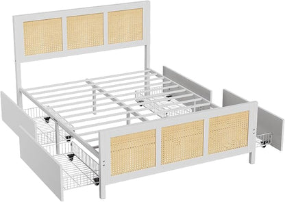 GarveeHome White Rattan Bed Frame with Headboard, Boho Cane Platform Queen Bed Frame with 4 Drawers, Strong Metal Slats Support, Noise Free, No Box Spring Needed