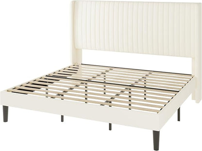 Allewie King Size Velvet Bed Frame/Vertical Channel Tufted Wingback Headboard/Upholstered Platform Bed/No Box Spring Needed/Strong Wooden Slats/Easy Assembly/Cream White