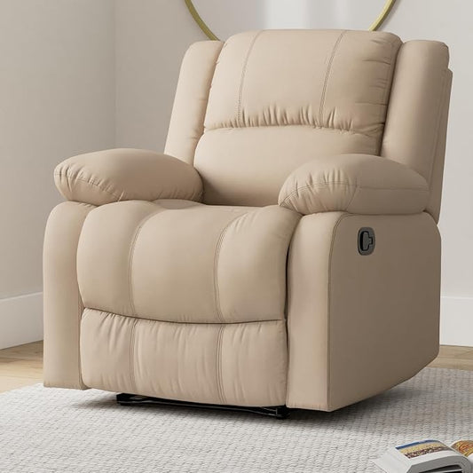 Warren 35.5" Manual Pull-Handle Recliner, Traditional Overstuffed, Pocket Coil Comfort, Black Metal Base Legs, Soft Microfiber Fabric, Beige