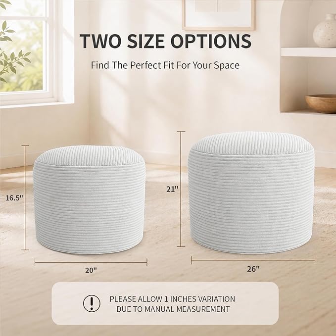 Stuffed Pouf Ottoman Foot Rest with 2.8-inch Solid Foam Base | Odorless Filling Resists Clumping, Washable Corduroy Cover, Round Foot Stool for Living Room Couch Lounging and Home Decor
