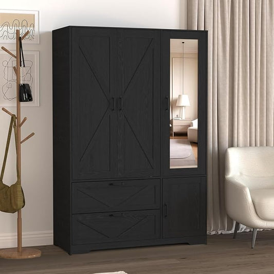 Armoire Wardrobe Closet with 3 Door, Bedroom Armoire with Mirror, LED Light, Hanging Rod, Drawers,Adjustable Shelves,Large Capacity Closet for Bedroom,47.2L,Black