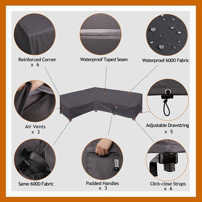 Heavy Duty Outdoor Sectional Patio Sofa Cover, 83"X115" Waterproof 600D, Storm Grey L-Shaped-Left Facing-83 x115