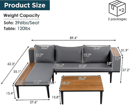 VilroCaz Luxury Outdoor Patio Furniture Set, L-Shaped Acacia Wood Sectional Sofa with Side Table, All-Weather Conversation Set with Removable Cushions and Coffee Table for Backyard Porch (Gray-4.20)