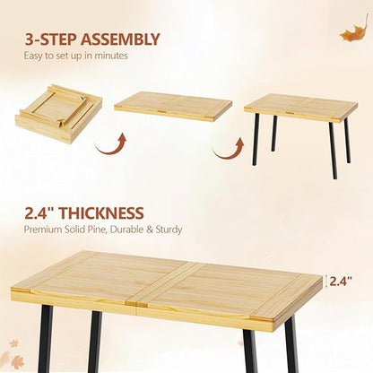 VINGLI 48 Inch Solid Wood Dining Table for 4-6, Oak Rectangular Kitchen Table with Waterproof Tabletop for Indoor & Outdoor Use, Pine Wood Dinner Table for Patio, Dining Room, Kitchen, Apartment