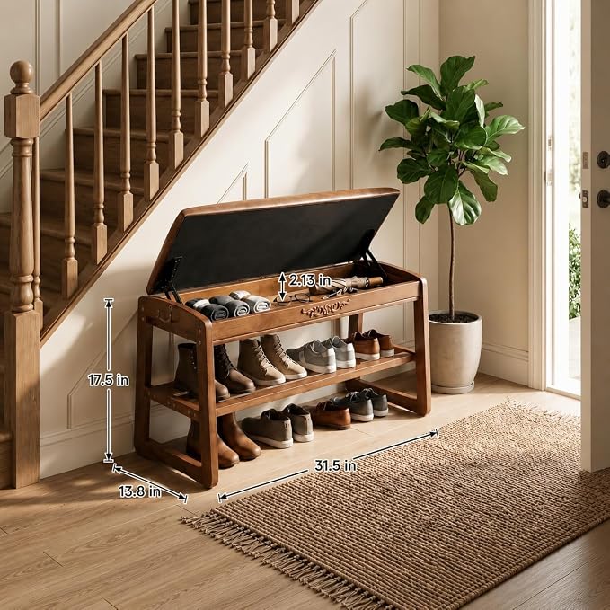Shoe Storage Bench 2 Tier Shoe Rack for Entryway Shoe Rack Bench with Storage with Flip-Top for Hallway Entryway Living Room Wood Shoe Bench with Embossed Pattern and Hook, Walnut (31.5")
