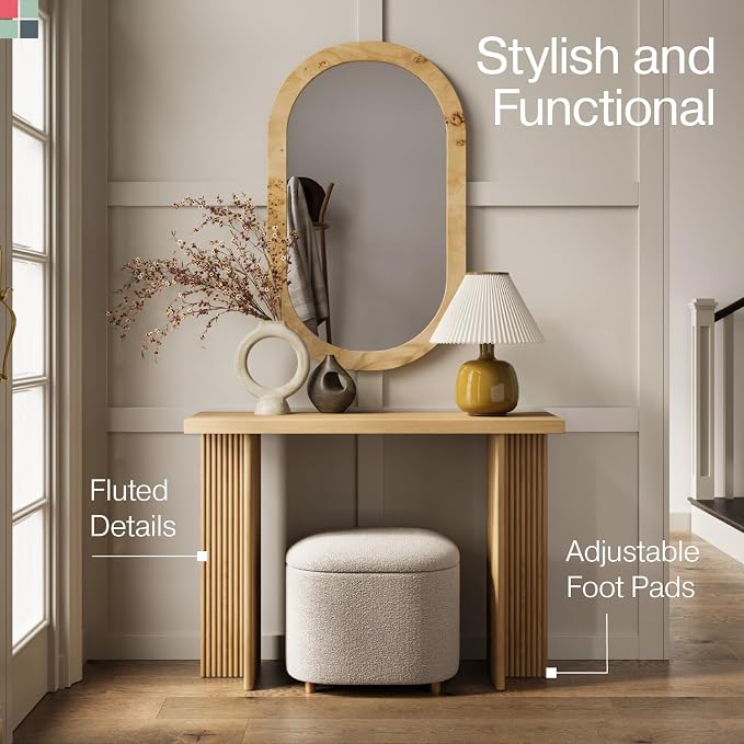 Stead Modern Console Table - Natural Oak, Fluted Solid Wood - Slim Entryway Table with Drawers & Curved Cross Base