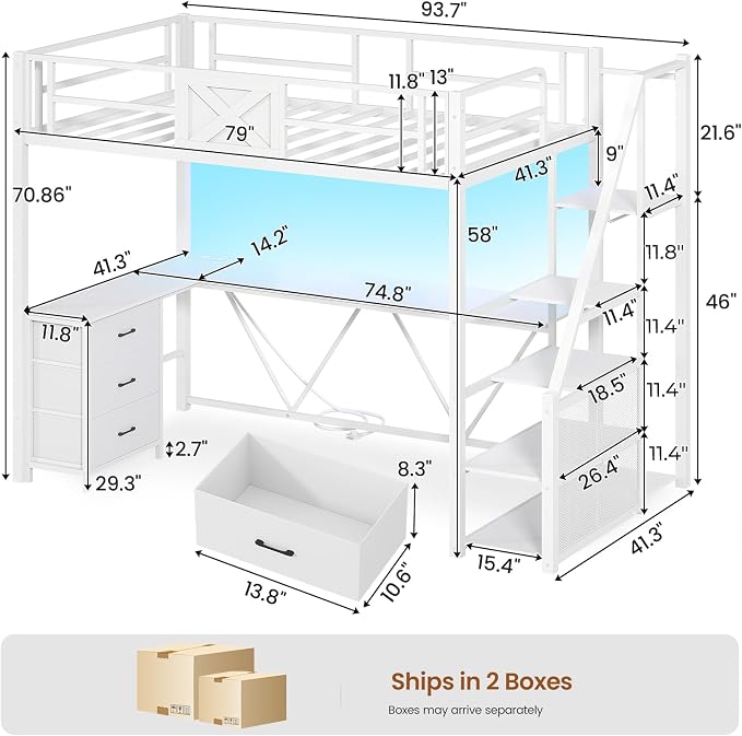 Itaar Stairway Twin Size Loft Bed with L Shaped Desk and Wardrobe, Metal Loft Bed Frame with Storage Stairs, 3 Fabric Drawers, LED Lights & Charging Sation (White, Twin)