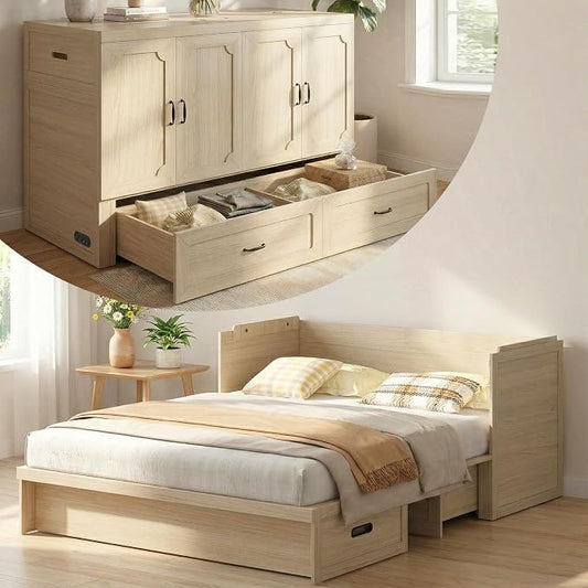 CECER Queen Murphy Bed with Mattress for Small Space/Guest-Natural Wood | Large Storage Drawer ＆ Built-in Multi-Port Charging Station，Space Saving ＆ Easy Assemble and Conversion