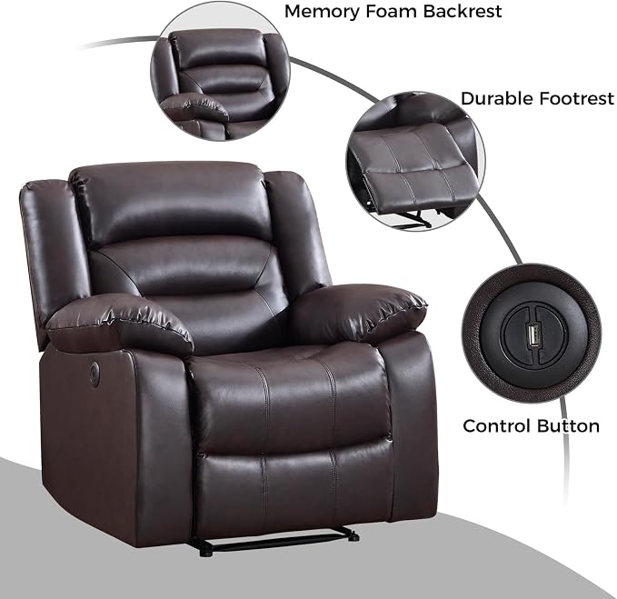 EBELLO Classic Power Recliner Chair, Faux Leather Oversized Electric Overstuffed Chair with Soft Cushion and Back, Sofa with Comfortable Armchair for Living Room, Brown