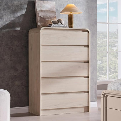 Aitjunz Modern 5 Drawers Dresser for Bedroom, 45" Tall Dressers, Cream | Wood Dressers & Chests of Drawers w/Curved Profile Design, Mid Century Vertical Dresser with Handleless Design for Bedroom