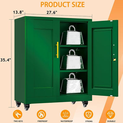Rolling Metal Tool Storage Cabinet with Doors and Adjustable Shelves, Small Locking Garage Storage Cabinet, Green Steel Tool Cabinets with Wheels for Garage, Basement, Office, Utility Room